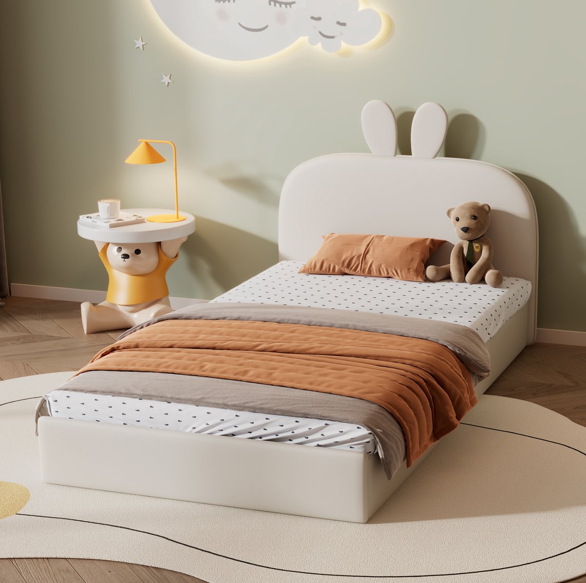 COVREO Bedframe 90x200 cm - 207 x 94 cm, beige, konijnen hoofdbord, zonder matras