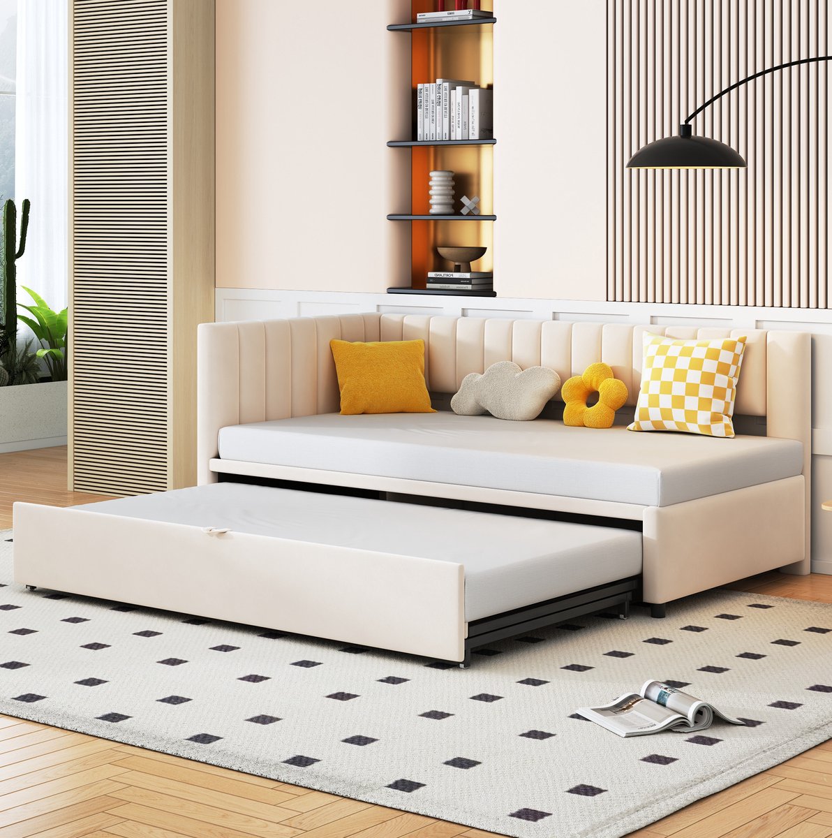 COVREO Bedbank 90x200 cm beige velours met uitrolbed zonder matras