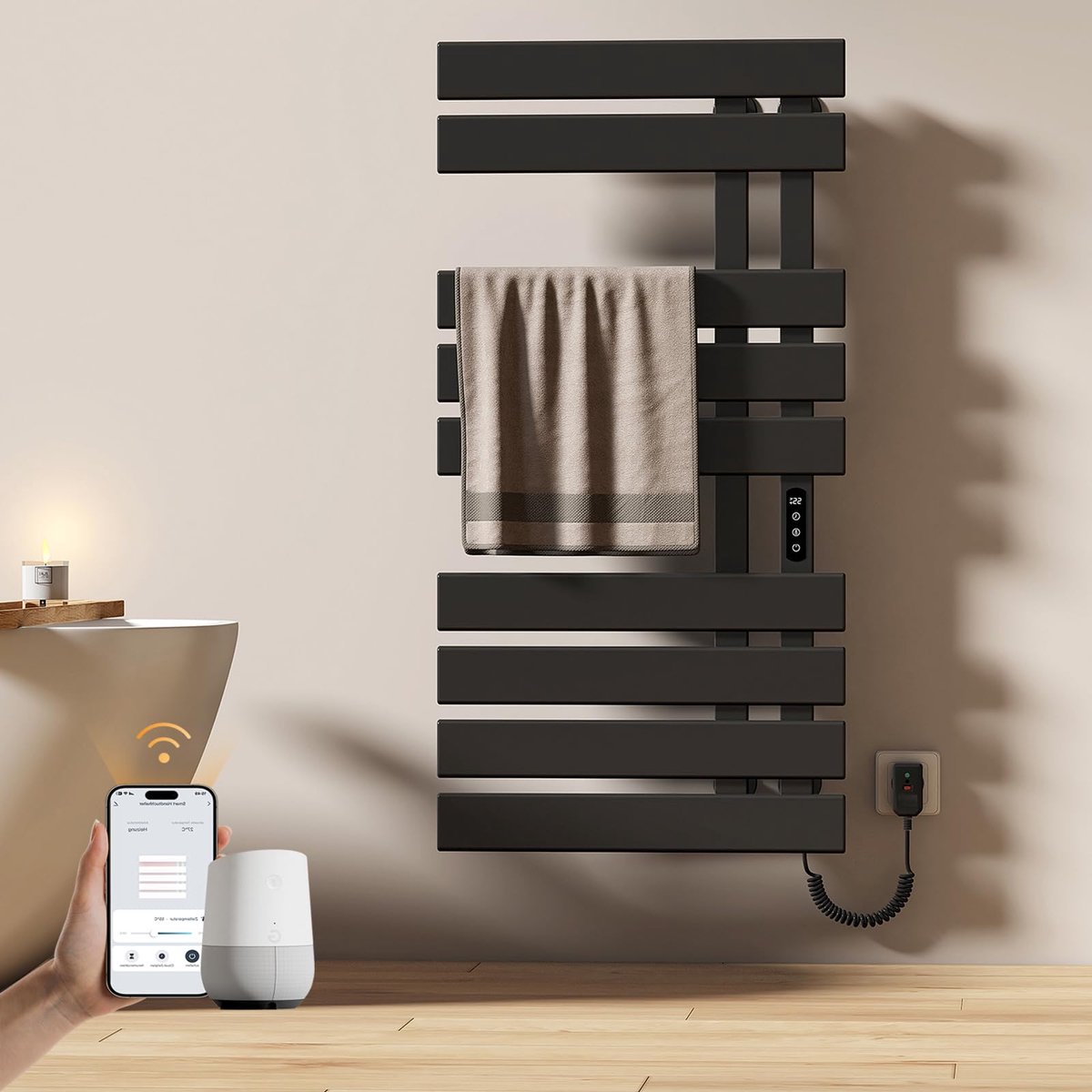SnelShoppen - Elektrische Badkamerverwarming Handdoekhouder 500x1000mm Wifi Intelligent voor Alexa Google Home App Zwart 320W