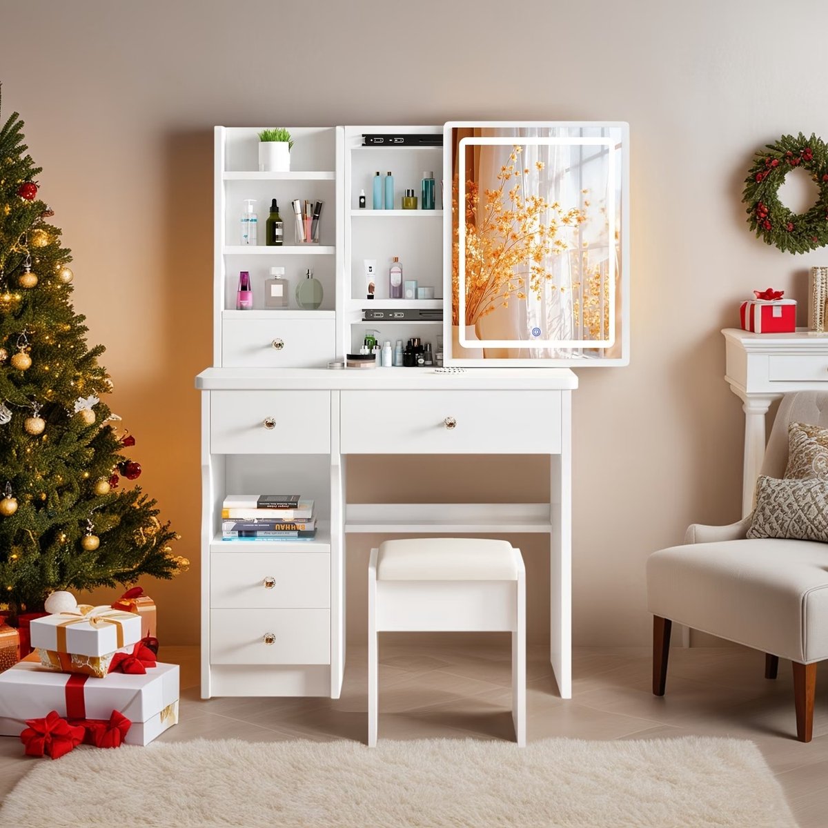 Make-up Tafel met Spiegel en Verlichting met 5 Lades, Kruk en Open Planken, 3 Lichtinstellingen Verstelbare Helderheid, Wit, 128,2x100 cm