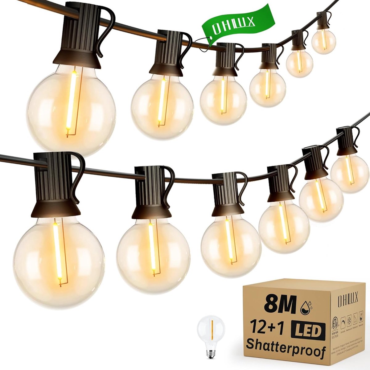 SnelShoppen - Led-lichtketting voor buiten, 8 m, 13 G40 lampen, warmwit 2200 K, IP65 waterdicht, verlengbaar, sfeervolle verlichting voor tuin, terras