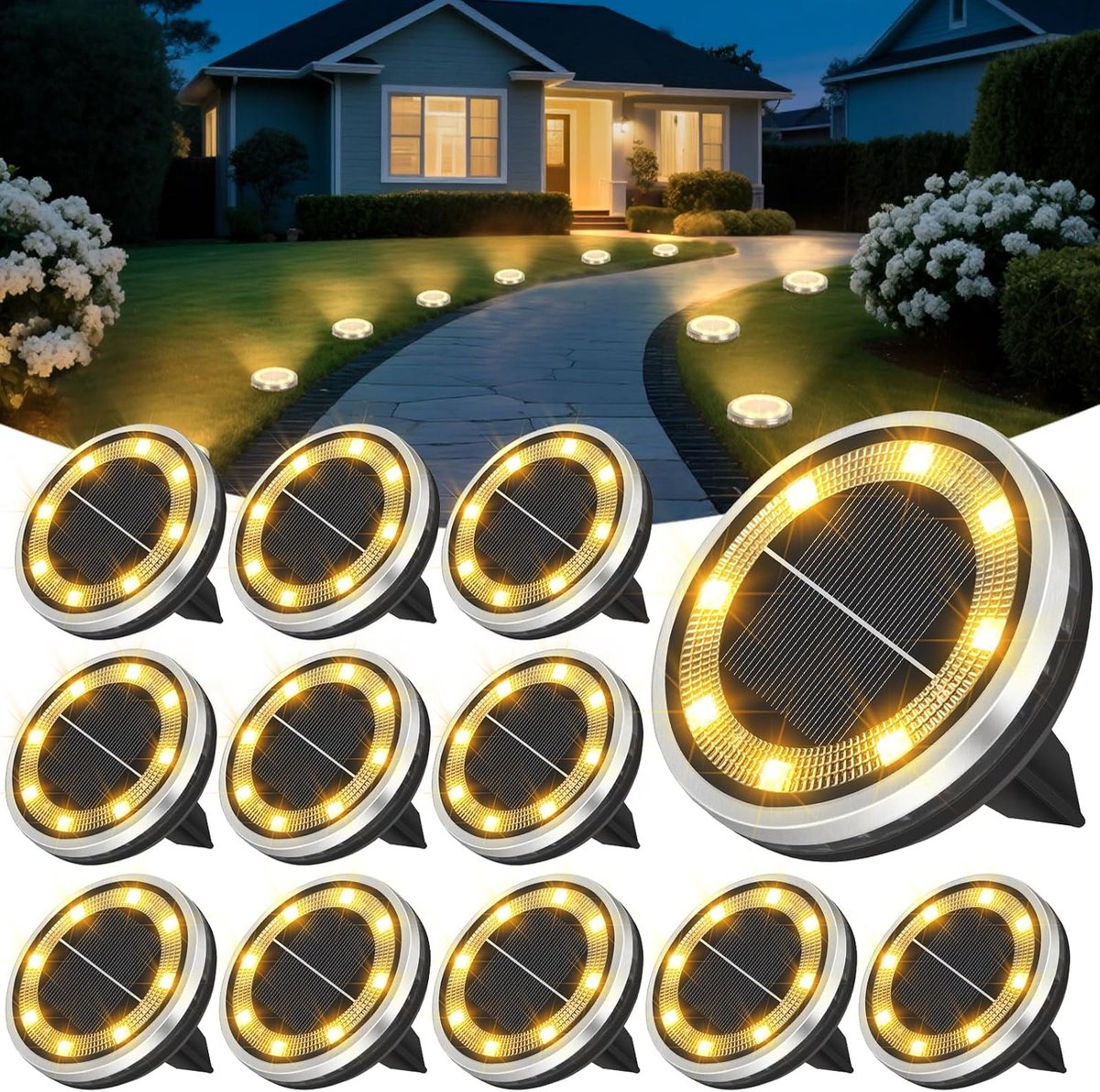 ZAIYW Pack of 12 Solar Floor Lamps Outdoor Waterproof Garden Lights Solar Discs Landscape Lights for Pathway Courtyard - ShopVlot