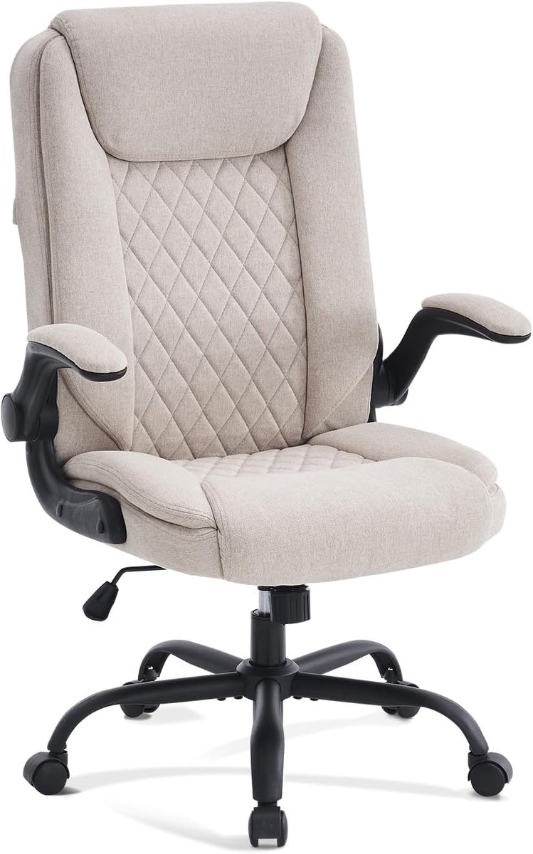 SnelShoppen - Ergonomische Bureaustoel met Verstelbare Hoogte, Padded Armsteunen, Kantelfunctie en Hoofsteun - Comfortabele Beige Kantoorstoel tot 150