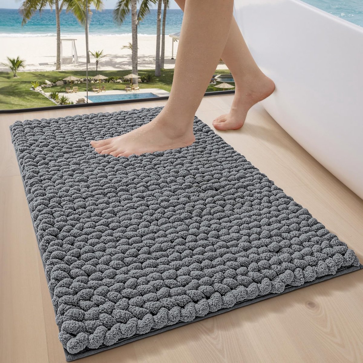 SnelShoppen - Luxe badmat chenille, pluizig, zacht, antislip, dik absorberend badmat, wasbaar, sneldrogend badkamertapijt voor douche en badkuip, grij
