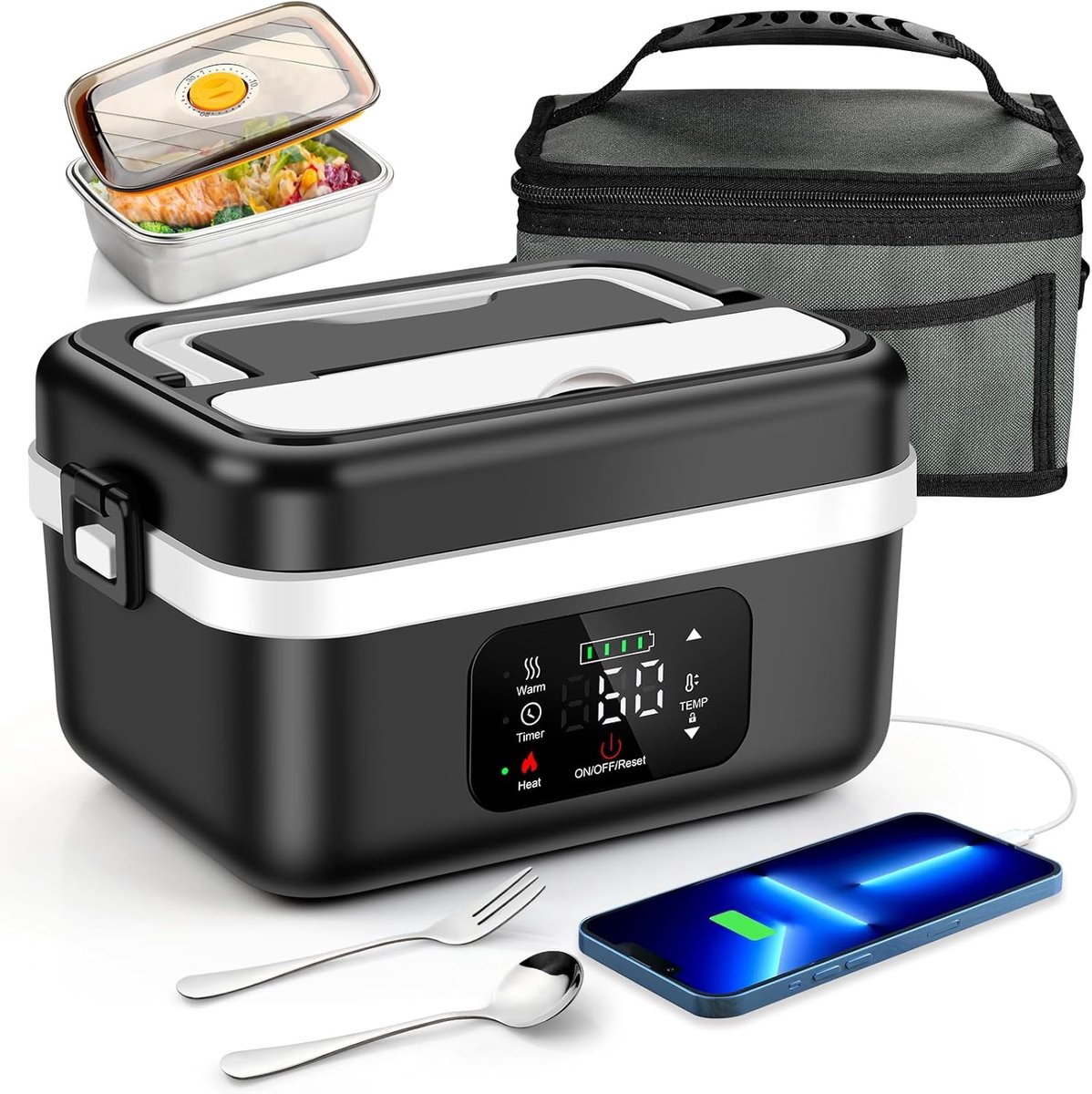 SnelShoppen - Draadloze elektrische lunchbox 1 liter - Warmhoudfunctie - Draagbaar roestvrij staal - Inclusief servies en isolatietas - Voor auto, wer