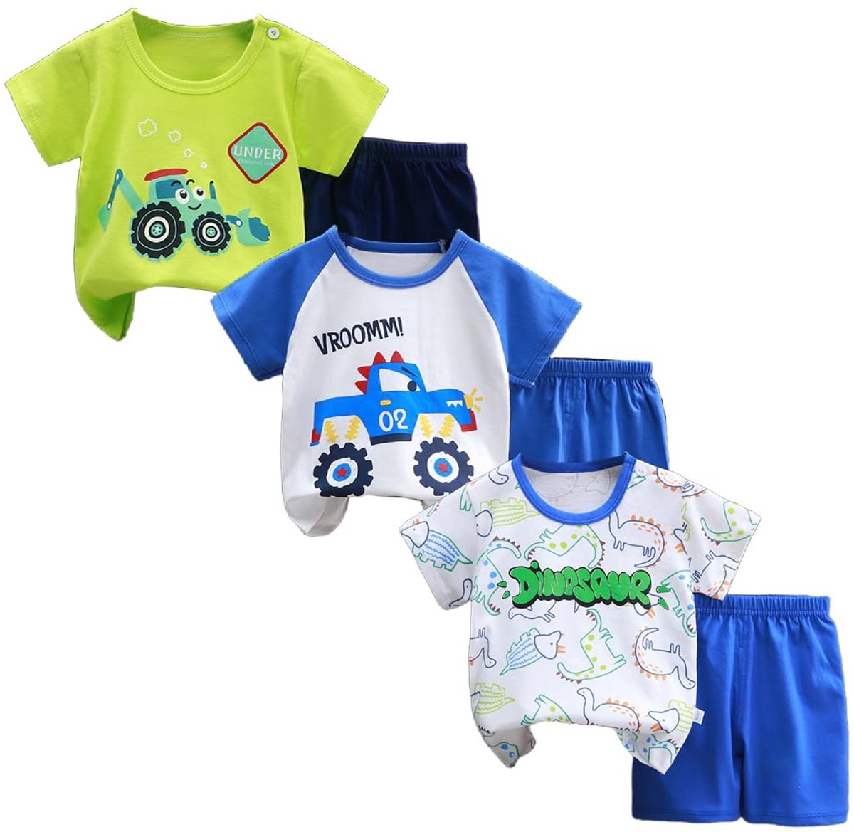 SnelShoppen - 3-delige babyjongens en peuters set, T-shirt en korte broek met korte mouwen, vrolijke kleuren, maat 50-130, voor 3 maanden tot 7 jaar,