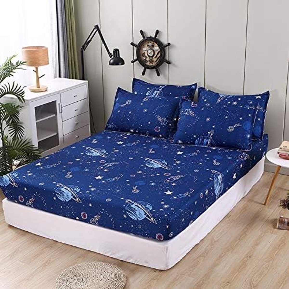 Kinderfitted Sheet 90 x 200 cm Blauw met Sterrenhemel en Galaxie - Zacht Microfiber voor Matrassen tot 30 cm