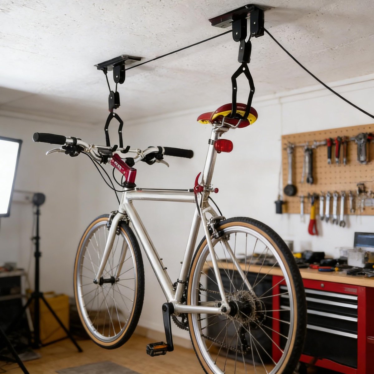 SnelShoppen - Fietsendrager voor Auto - Plafond Fietsendrager met Haak - 57 kg Draagkracht - Fietslift met Rubbercoating - Voor Fiets en Kajak - Ideaa