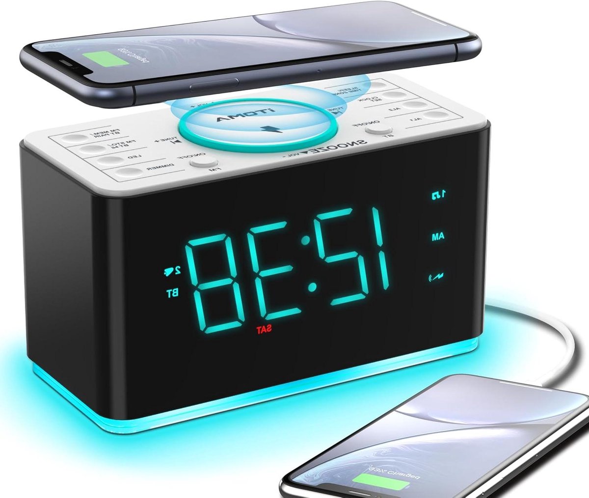 Wekkerradio met oplader - Nachtkastklok - Opladen en wakker worden - Draadloos en Bluetooth - 14 inch display - Cyaan
