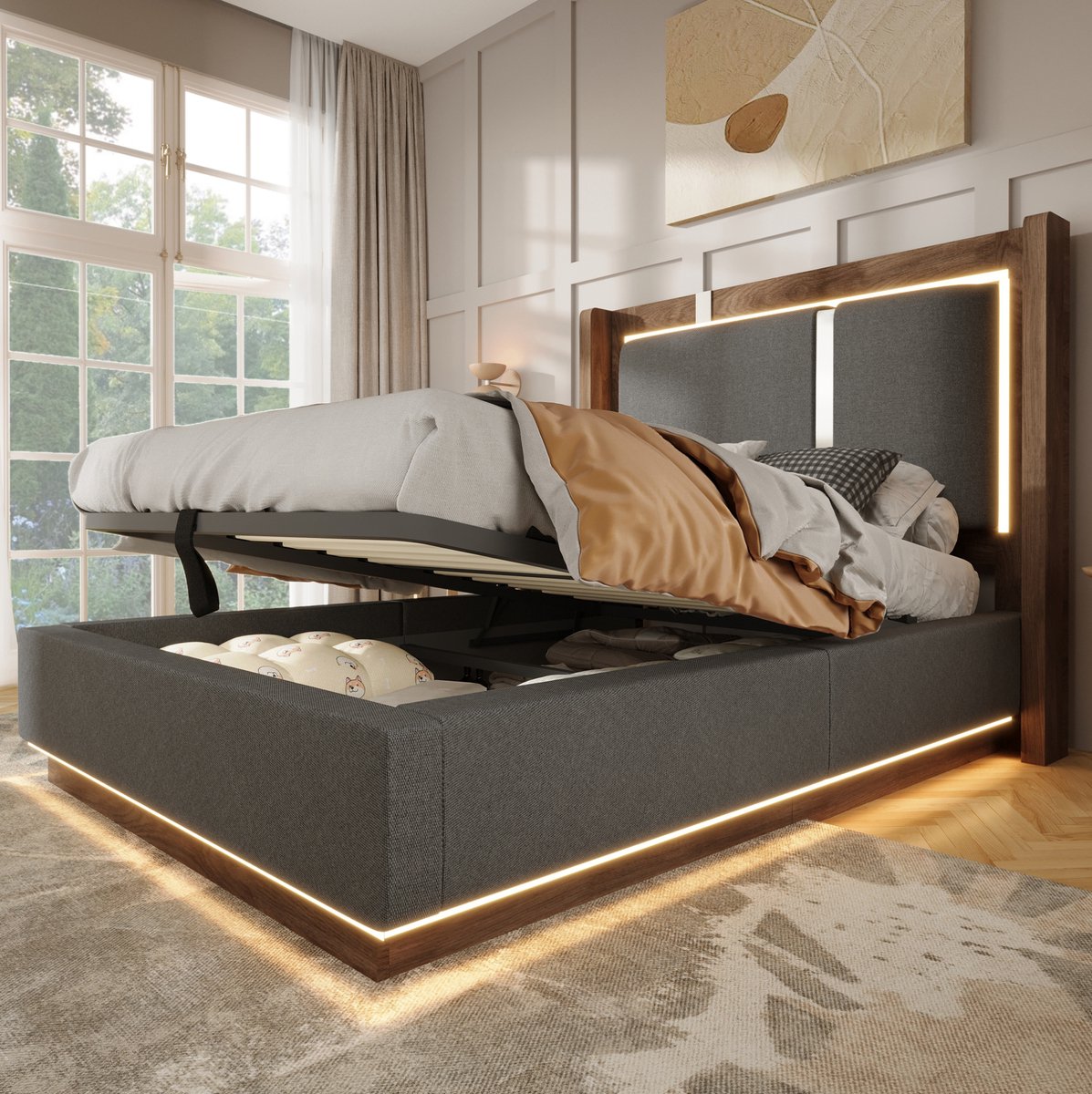 DESMIU Gestoffeerd Bed 90x200 cm – Led en Hydraulische Opbergruimte – Met Lattenbodem – Voor Jeugdkamer – Grijs Walnoot – Zonder Matras