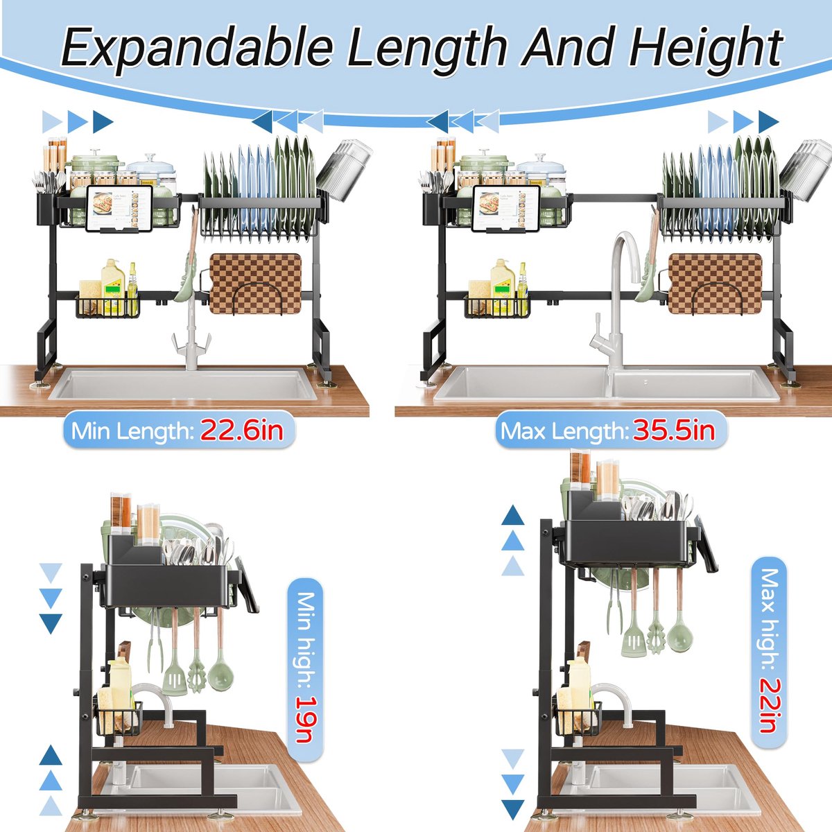 SnelShoppen - Afdruiprek Over Het Spoelbak - Uitbreidbaar 2 Laags Afdruiprek Roestvrij Staal 24"-34" L x 12" B x 19"-22" H - Keukenaccessoire voor Bor