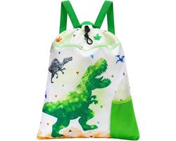 WAWSAM Gym Drawstring Backpack, 38×45cm, Kids Gym Bag, Waterproof Swimming Beach Shopping Bag, Green Dinosaur , M - ShopVlot