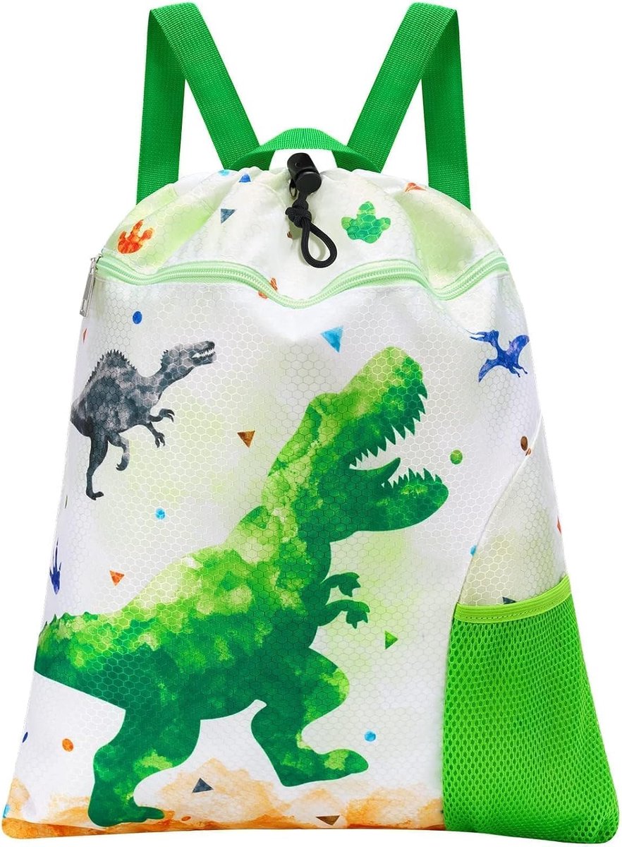 WAWSAM Gym Drawstring Backpack, 38×45cm, Kids Gym Bag, Waterproof Swimming Beach Shopping Bag, Green Dinosaur , M - ShopVlot