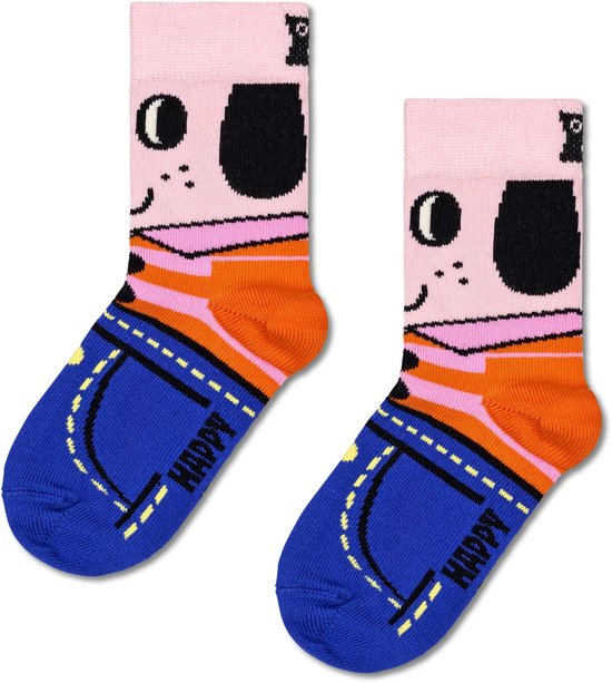 Paar roze sokken met hondengezicht, oranje accenten en blauwe jeans onderkant. Happy Socks.