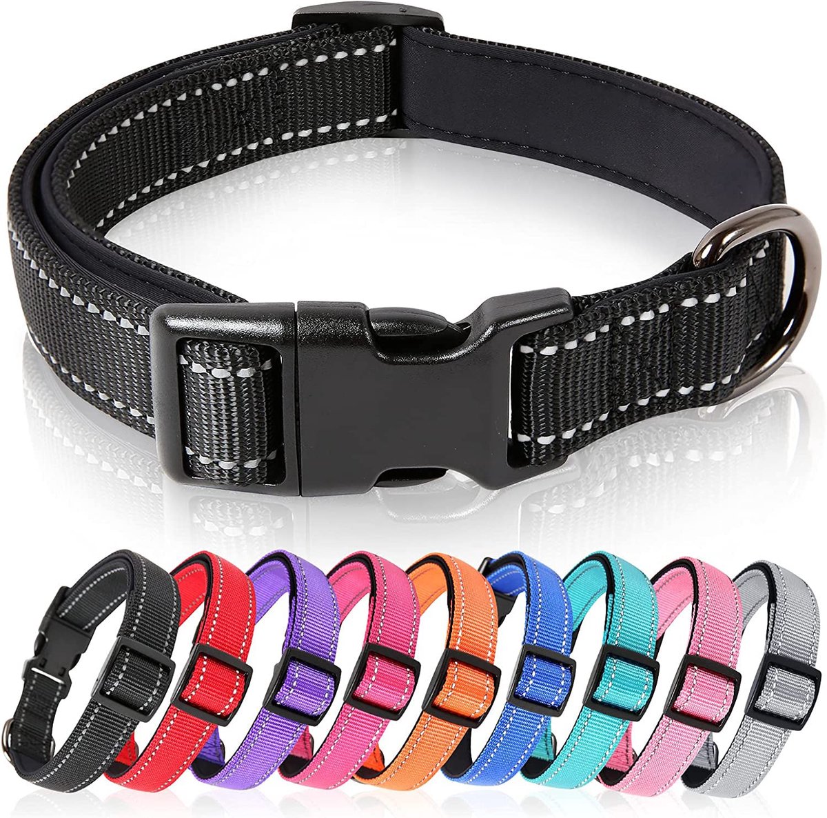 Halsband, Reflecterende Halsband, Gevoerde, Ademende, Zachte Neopreen Nylon Halsband, Verstelbaar voor Kleine Middelgrote Grote Honden, Zwart, M