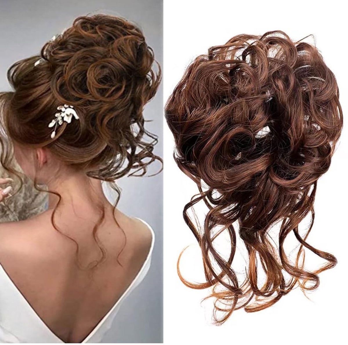 haarelastiek met haar,haarstukjes met elastiek,grote knot, paardenstaart extensions met haarelastiek,haarstukjes voor dun haar (30T4 donkerbruin)