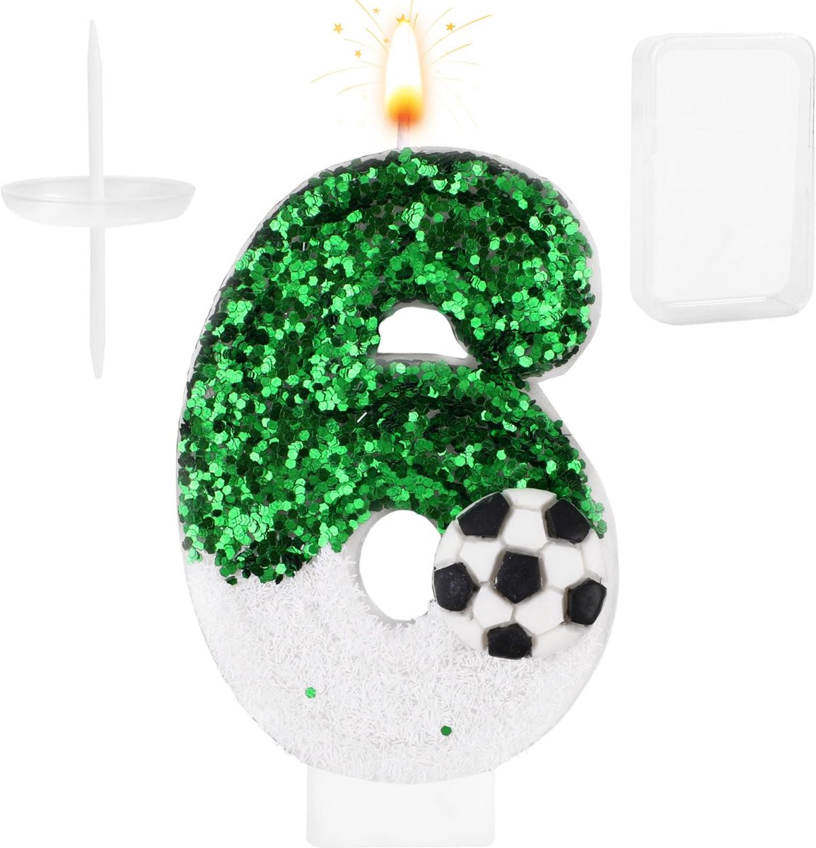 Wit Groen Voetbaltaart Topper Fijne Verjaardag Nummer Taartkaars Glinsterende Pailletten Voetbal Voetbalthema Verjaardagsfeestversieringen Vieringen Benodigdheden (Nummer 6)