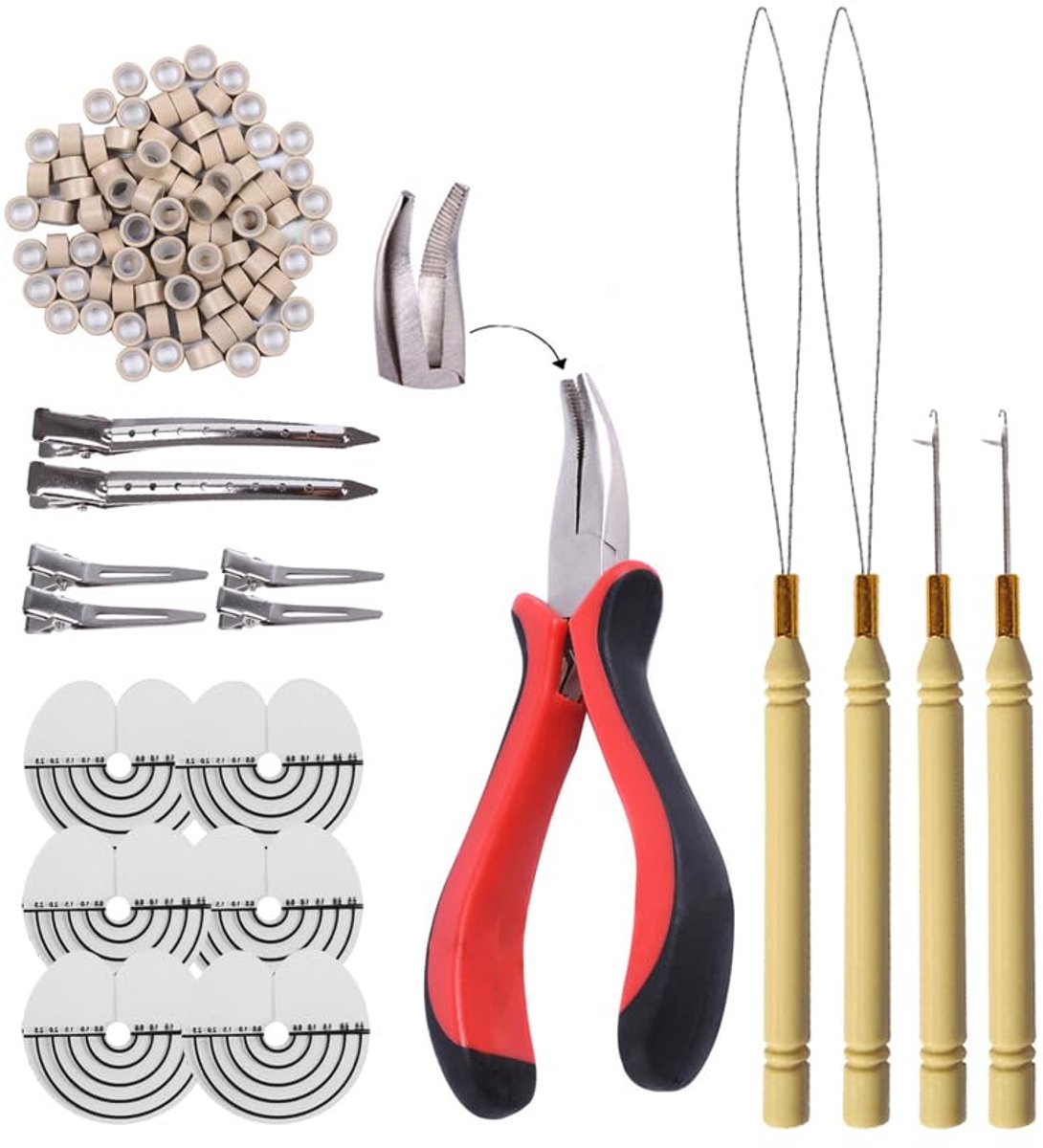 Kit voor haarverlengingsgereedschap: haartang, micro treknaald en siliconen micro ringen (grijsblond)