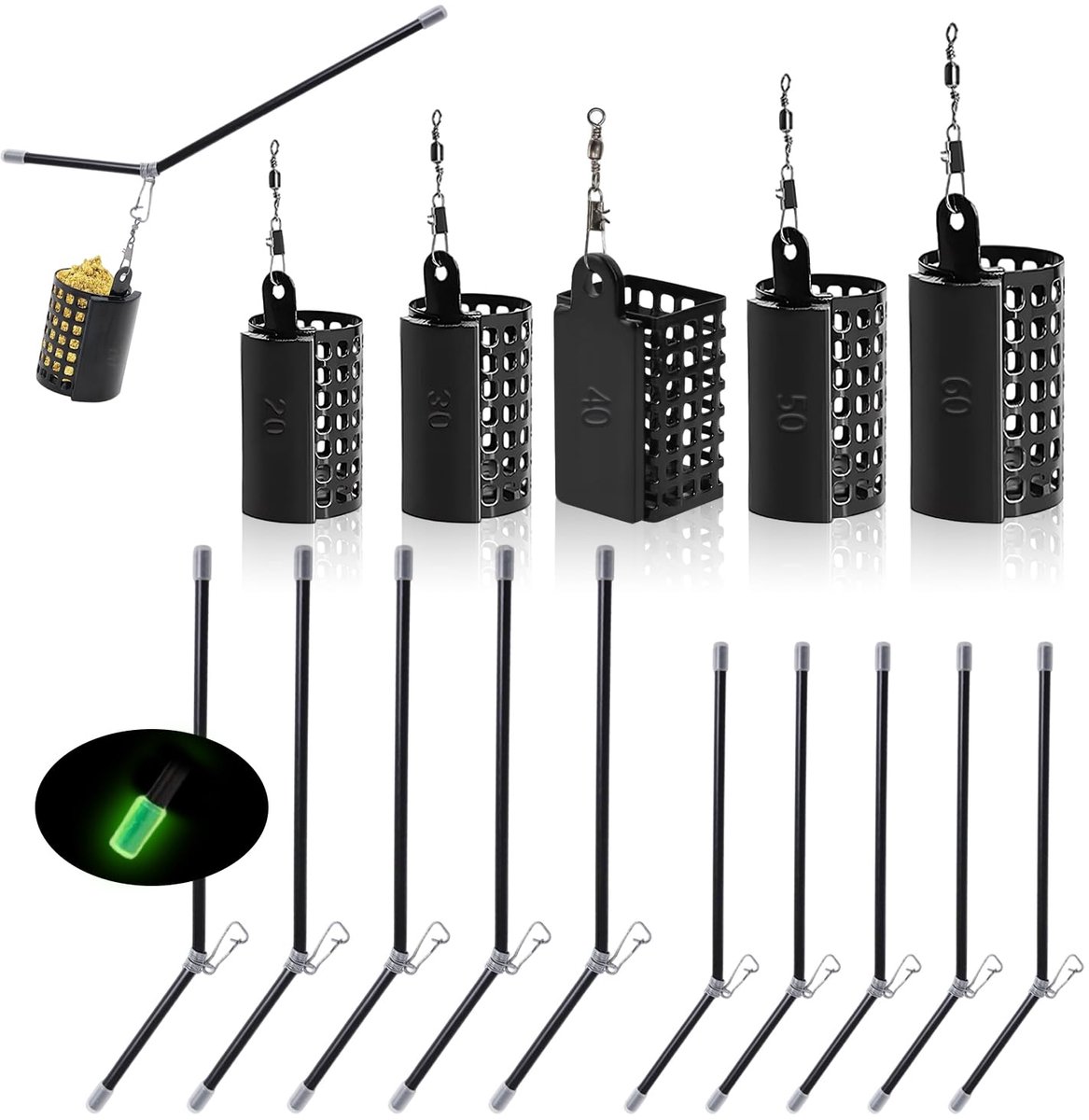 15-delig Set Voedselmand Vissen Anti Tangle Boom Voedselmand Feeder Korb 20/30/40/50/60 g Anti Tangle 20/22 cm Feeder Accessoires Grondangen Visaccessoires Geschikt voor zee- en