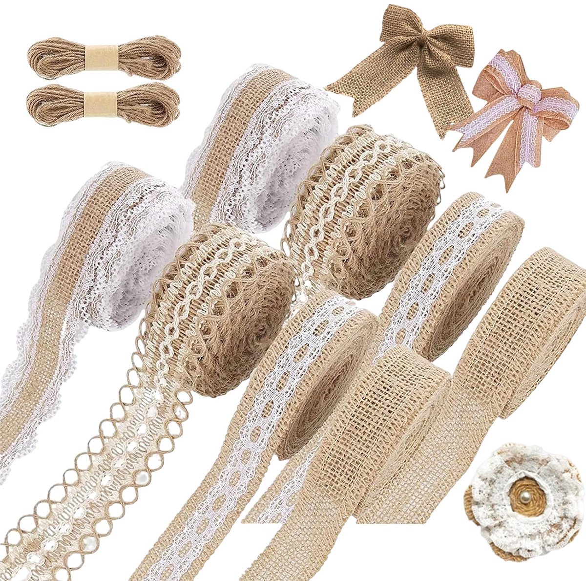 Jute lint vintage kanten lint, natuurlijke jute linten en kant, canvas band voor doe-het-zelf handwerk, kerstdecoratie, bruiloft, feest, knutselen, cadeaulint met 20 m henneptouw, 1 meter per