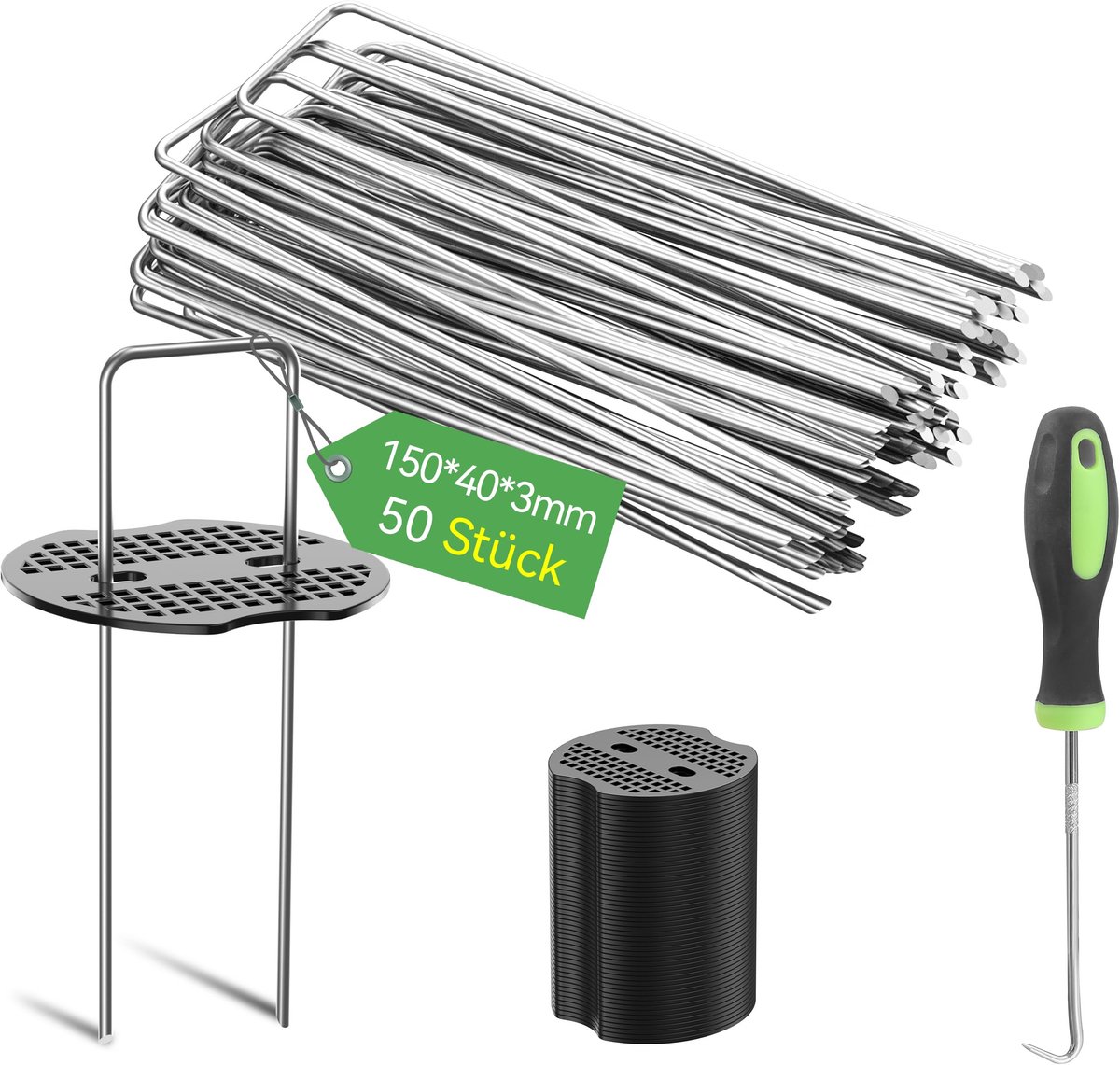 50 stuks 15 cm heavy duty Ø 3 mm tuinnagels, stalen palen met 50 stuks afdichtingen, verzinkte stalen klemmen voor bevestiging en verankering van onkruidvlies, netten en buizen met 1 haak