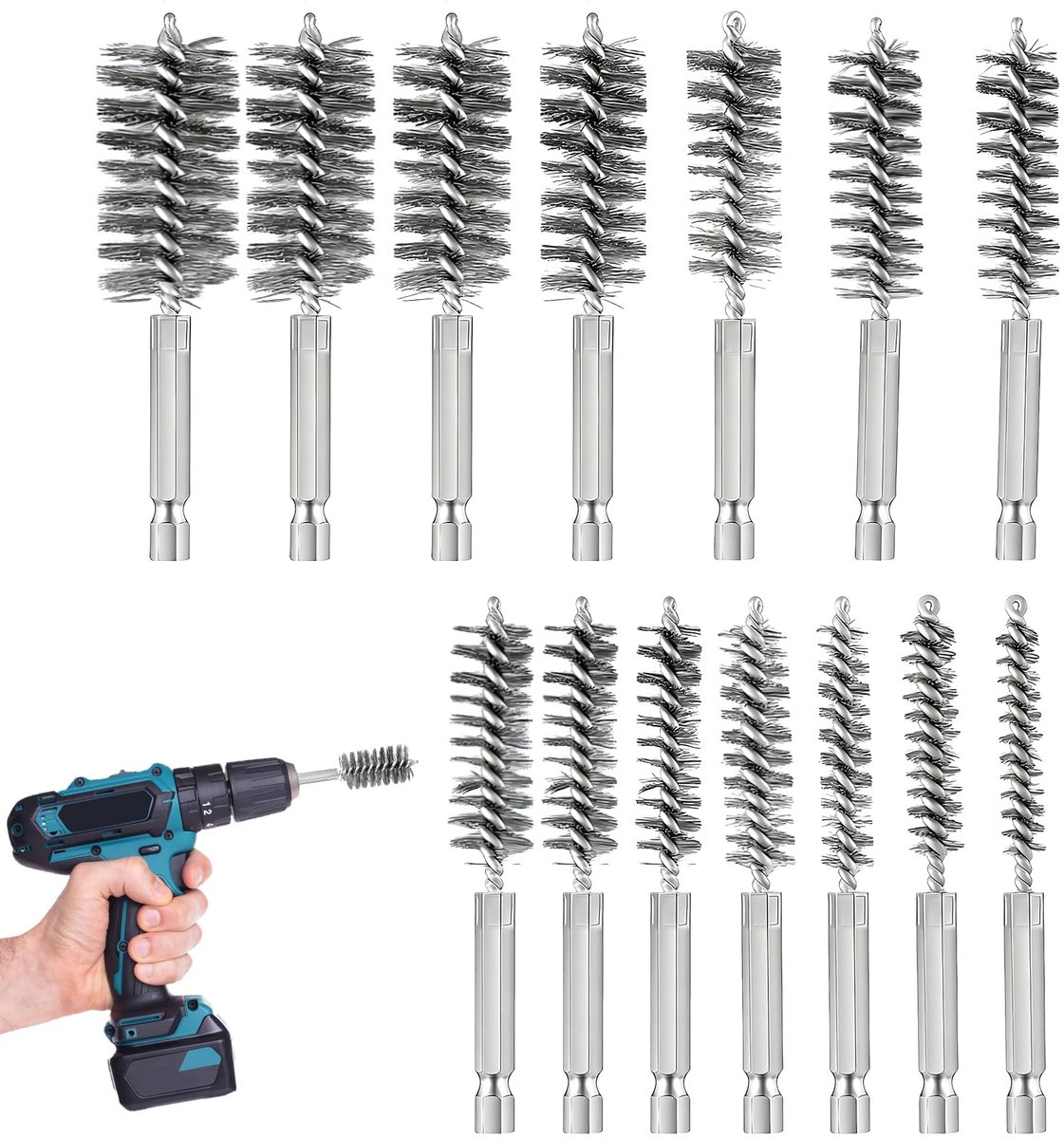 boormachine, 14 stuks, kleine draadborstel, voor boormachine, roestvrij staal, gatborstel voor polijsten, slijpen, slagboormachines, 8-25 mm, zilver