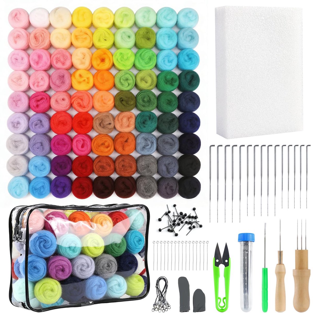 100 Kleuren Viltwol Set, 300g Sprookjeswol voor Droog & Nat Verven, Vilten Naalden, Gereedschap en Viltwol Strips, Geschikt voor DIY Dier knutselen en Vilt Handwerk Sets voor Volwassenen