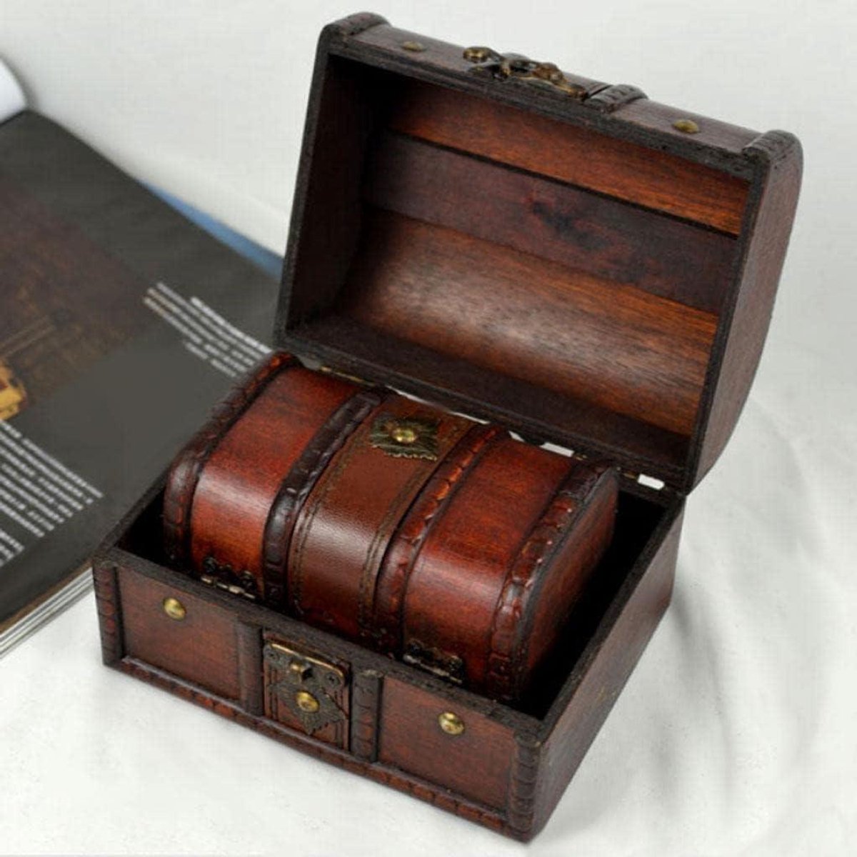 Sieradendoos Set - Opbergdoos Vintage - Juwelen Opbergen - Schatkist Design - Groot 16cm Klein 12cm - Houtkleur
