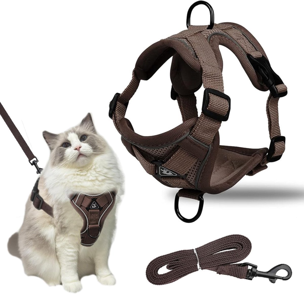 Kattentuig met riem, anti-ontsnapping, kattenharnas met riem, verstelbaar kattenborstharnas met reflecterende strepen en ademend netweefsel, voor katten, kittens puppy's (M)