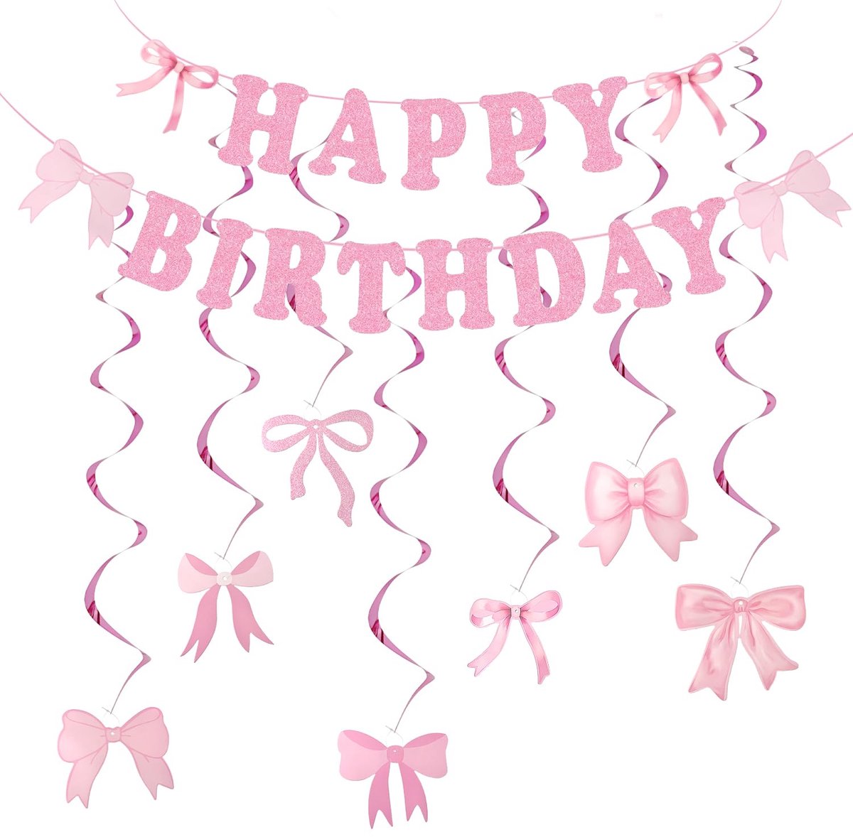Happy Birthday-banner met strik, roze verjaardagsfeestdecoratie, hangende swirls voor meisjes, verjaardagsfeestjes, babyshowers