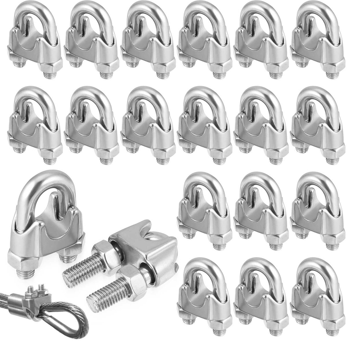 20 stuks kabelklemmen, draadkabelklem M6, draadklem, kabelklemmen roestvrij staal voor staalkabel staaldraad vast