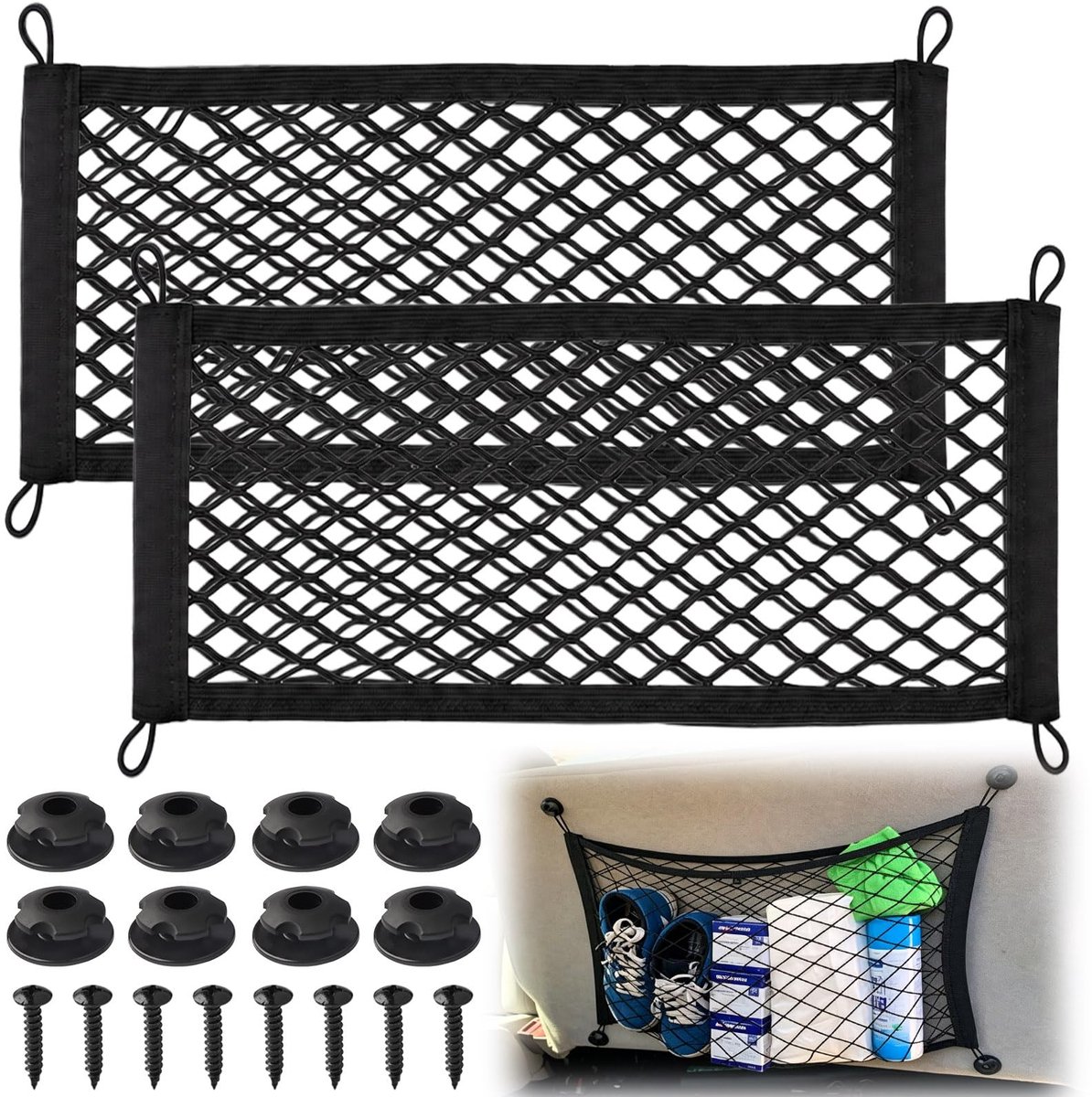 Bagagenet, 2 stuks, universeel kofferbaknet, 65 x 25 cm, universeel auto-bagagenet met schroeven en haken, voor caravan, vrachtwagen, bestelwagen