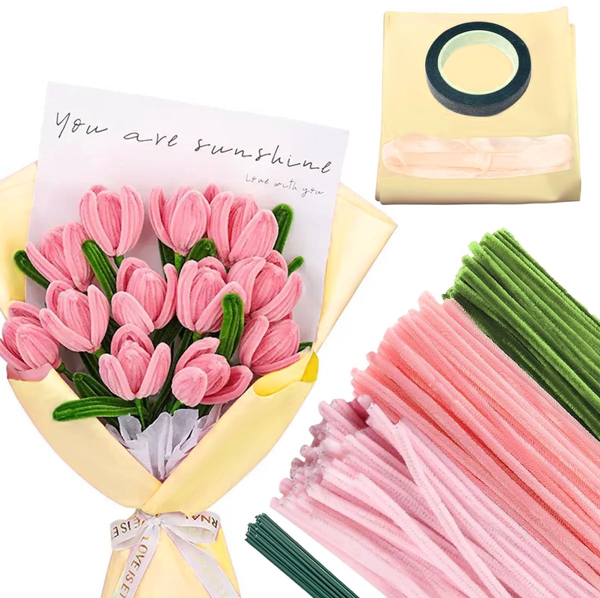 300 stuks pijpenragers om te knutselen, decoratieve chenillesticks, pijpenragers voor tulpen, gekleurd poeder voor bloemisten, pijpenraketten voor doe-het-zelf bloemenboeketten (roze)