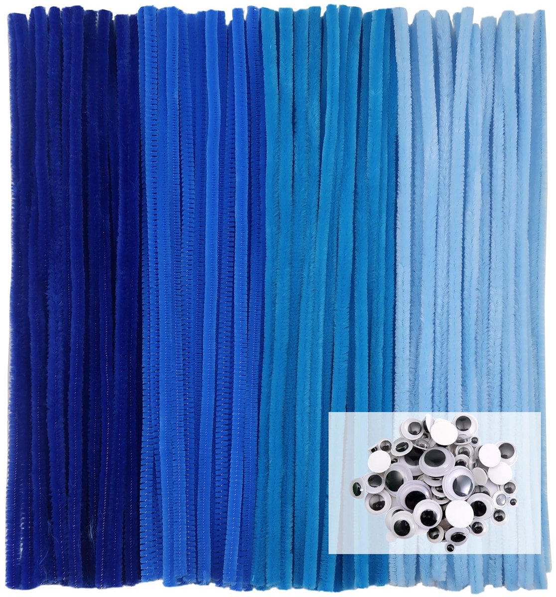 100 stuks Pijpenragers 4 Verschillende Blauw Pijpenragers om te Knutselen Chenilledraad 30 cm x 6 mm met Zelfklevend Wiebelogen voor Creatieve doe-het-zelf Handwerk Decoratie
