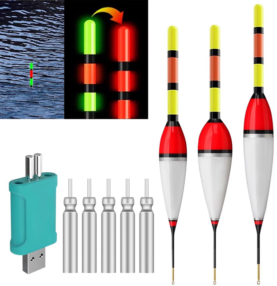 Led-dobbers, met beetverklikker, 3 stuks dobbers, smart met batterijlader en 5 staafbatterij, hengelaccessoireset met zwaartekrachtsensor en metalen basis, kan overdag en 's nachts worden