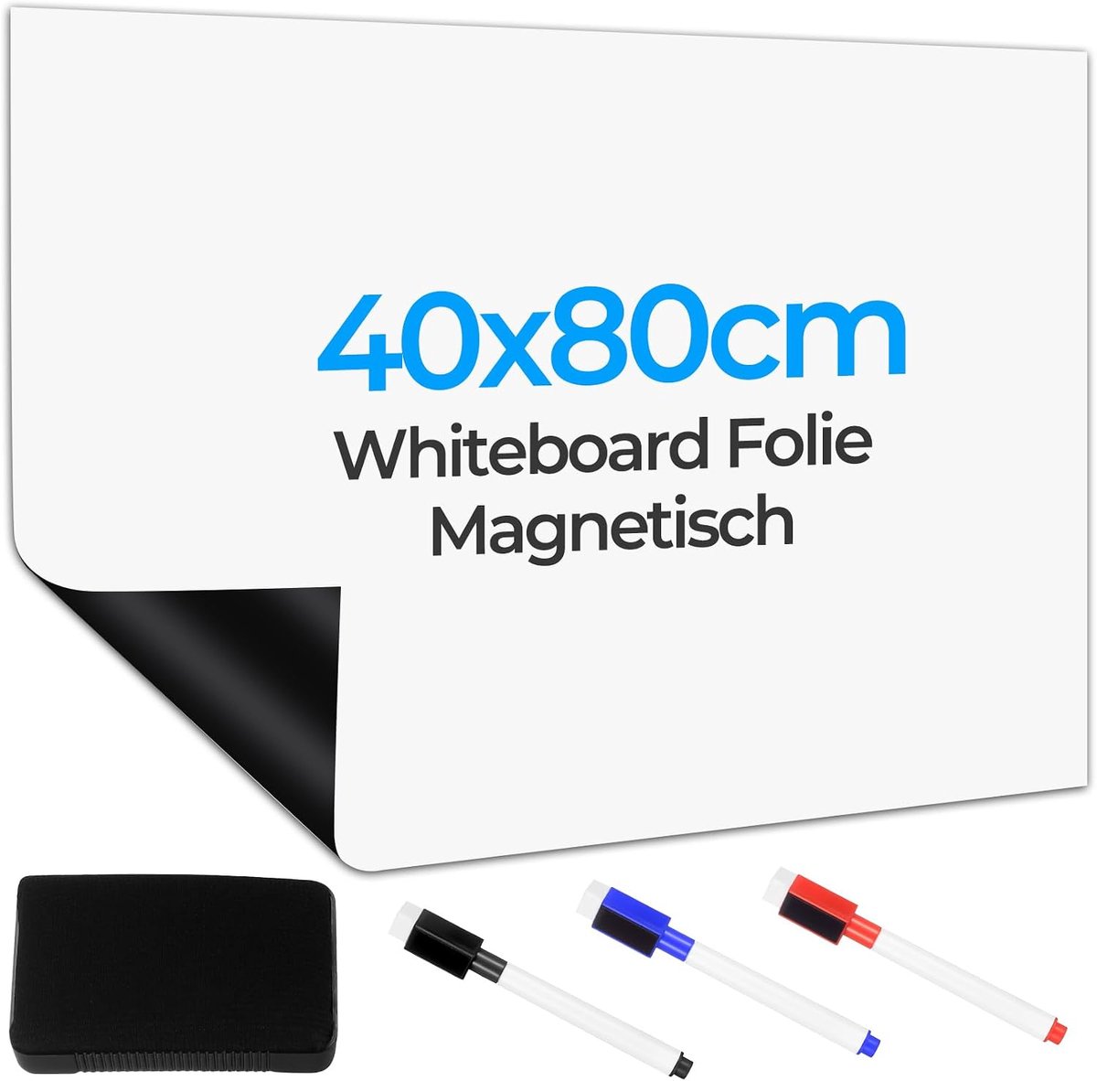 Magnetische whiteboards, 40 x 80 cm, zelfklevende magnetische vellen, droog uitwisbordblad, magnetische witte planken voor muren, kantoor, thuis, met 3 witte bordmarkeringen, 1 gumpenseel
