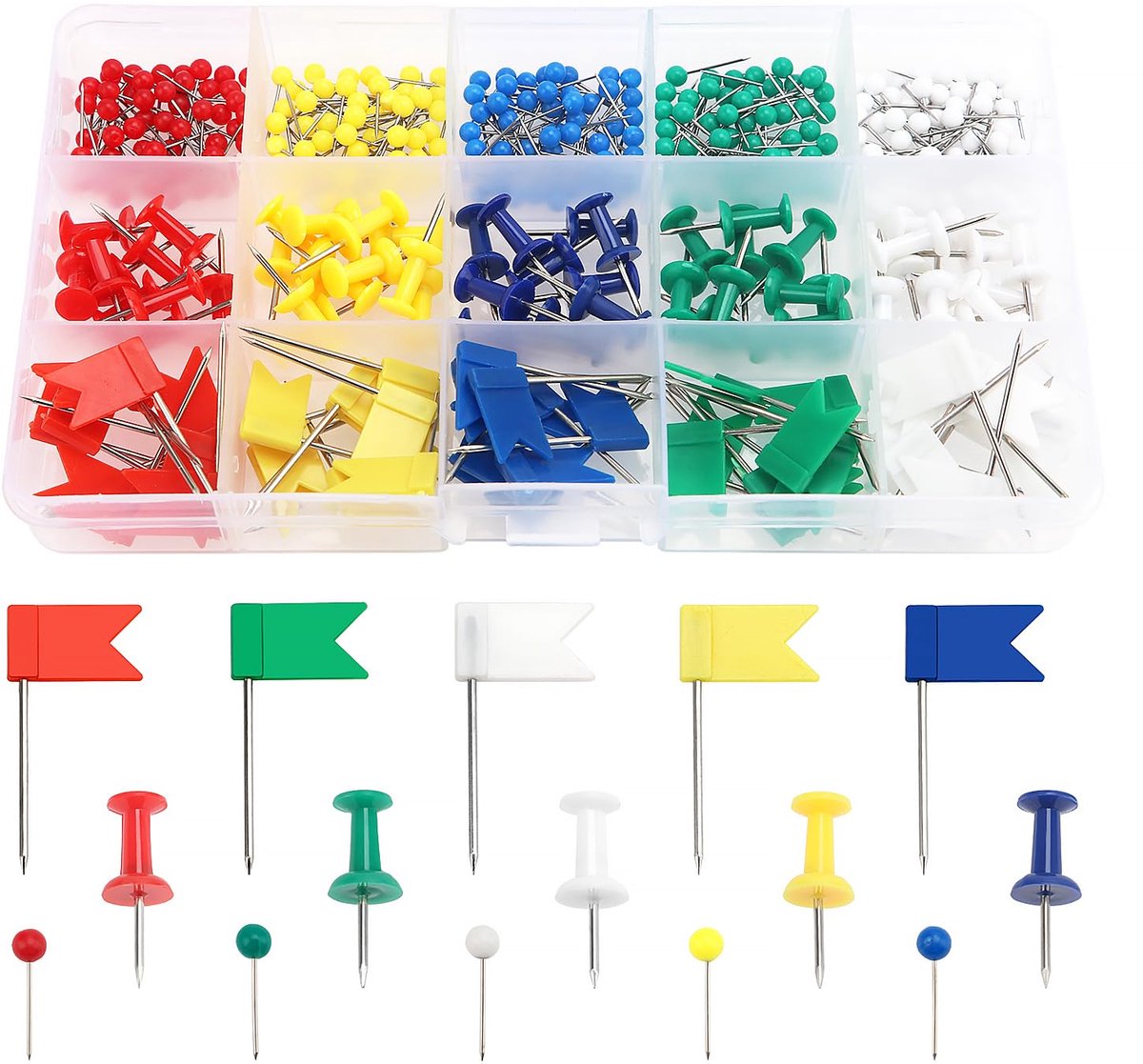 350 Stuks 15 Soorten Kaartkopspijkers, Plastic Kopspijkers, Kleurrijke Kaartpunaises, Klein Formaat Punaises, Gekleurde Vlag Push Pins, voor School, Interesse, Kurk Prikbordmarkering