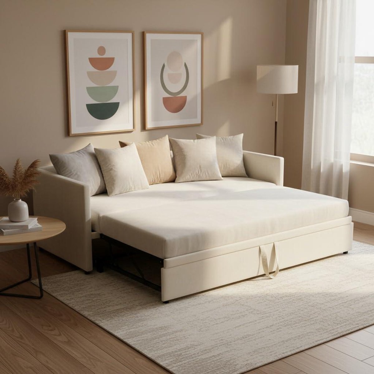 Uitschuifbaar Dagbed - Slaapbank Multifunctioneel Bed - Ruimte Besparen - Met Uittrekbaar Onderbed - 90/180x200cm - Beige