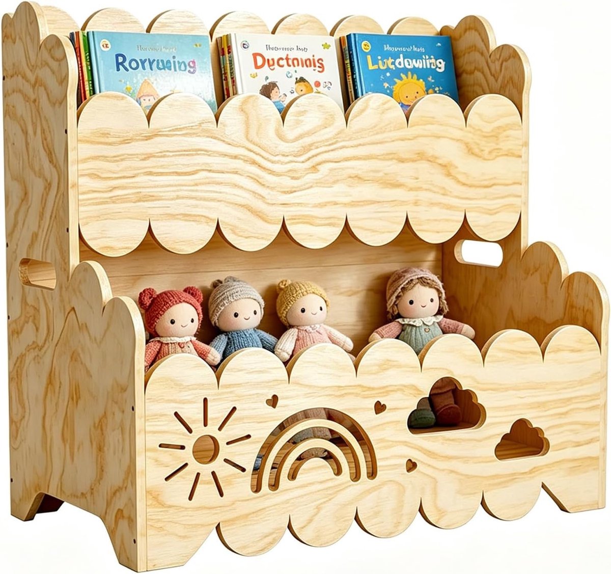 Houten boekenkast met 2 verdiepingen, multifunctionele organizer voor speelgoed en boeken, ideaal voor kinderkamer en speelkamer, 57 x 32 x 56 cm