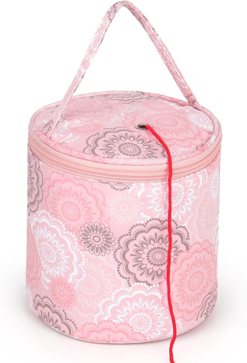 Opbergtas, kleine handwerktas voor onderweg, mini-handwerktas voor wol, haakaccessoires, haaknaald, korte breinaalden opslag, 15 × 14 cm, lichte garentas, wollen tas, roze