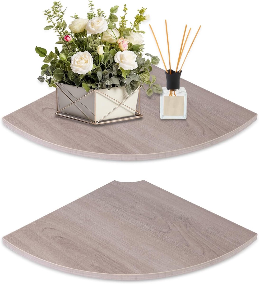 Hoekwandplank, 30 cm diepte sectorhoekplank, set van 2 houten hangende hoekplanken met draadgat voor slaapkamerhoekdecoratie, grijs