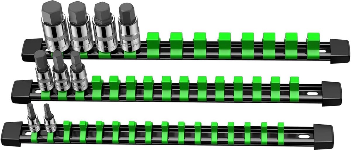 3 stuks steeksleutelhouders voor 1/2 inch, 3/8 inch, 1/4 inch steeksleutelorganizer, railhouder voor de beste gereedschapsorganizer in de garage