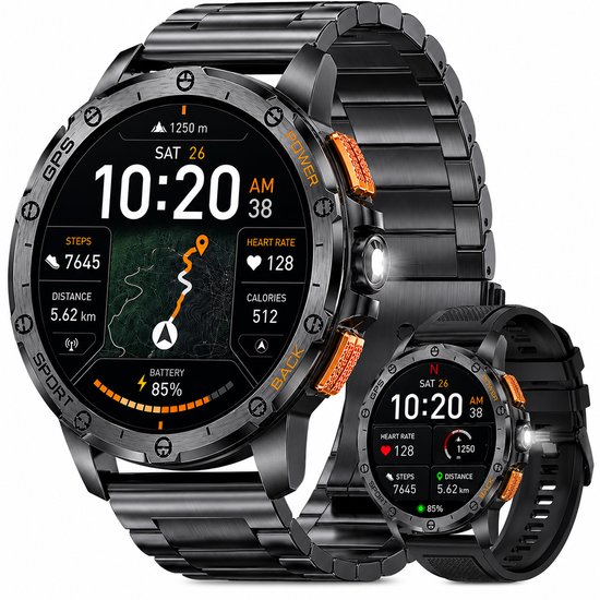 Zwarte smartwatch met metalen band en oranje knoppen, toont tijd, stappen, afstand en hartslag.