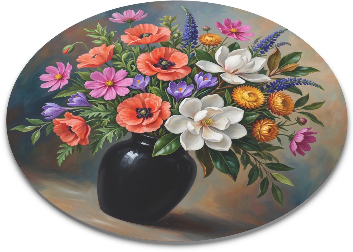 Ronde Muismat Magnolia en Klaprozen Boeket Kleurrijk Stilleven met Cosmea Vrolijk Bureau Accessoire 22x22 cm