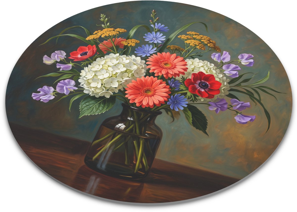 Ronde Muismat Veldboeket met Gerberas Hydrangea en Klaprozen Kleurrijke Bloemen Stilleven Kunst Bureau Accessoire Deco 22x22 cm