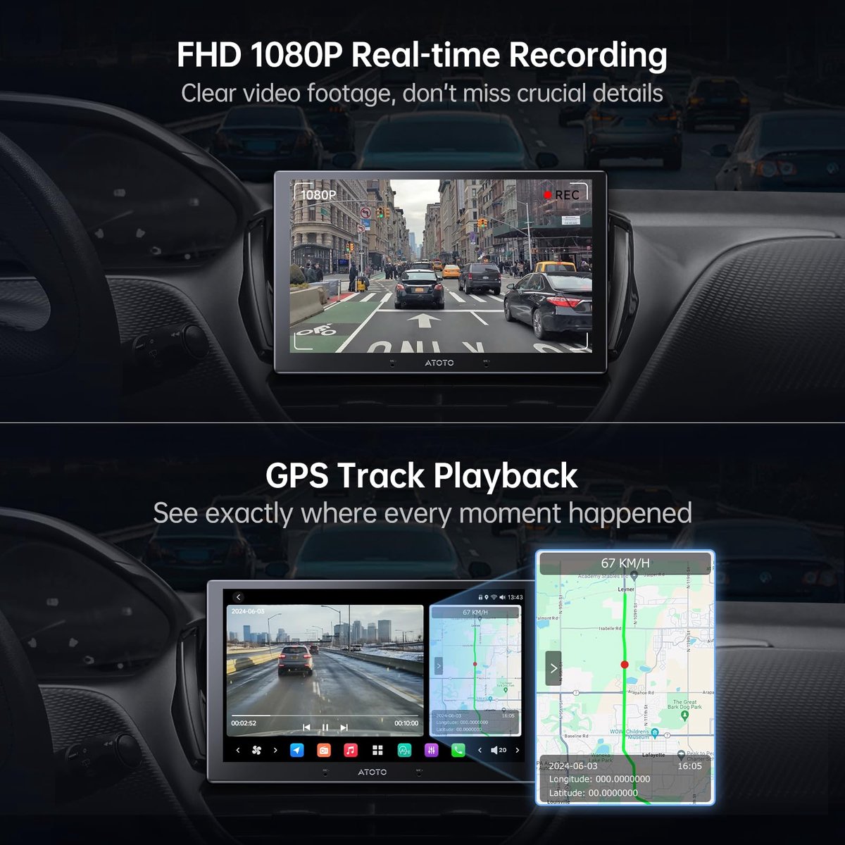 SnelShoppen - ATOTOZONE AC-FHD02DV FHD 1080P Dashcam met GPS-Afspeeltracking, 136° Groothoek, WDR, Nachtzicht, 24-Uurs Parkeermodus, G-sensor, Loop-Op
