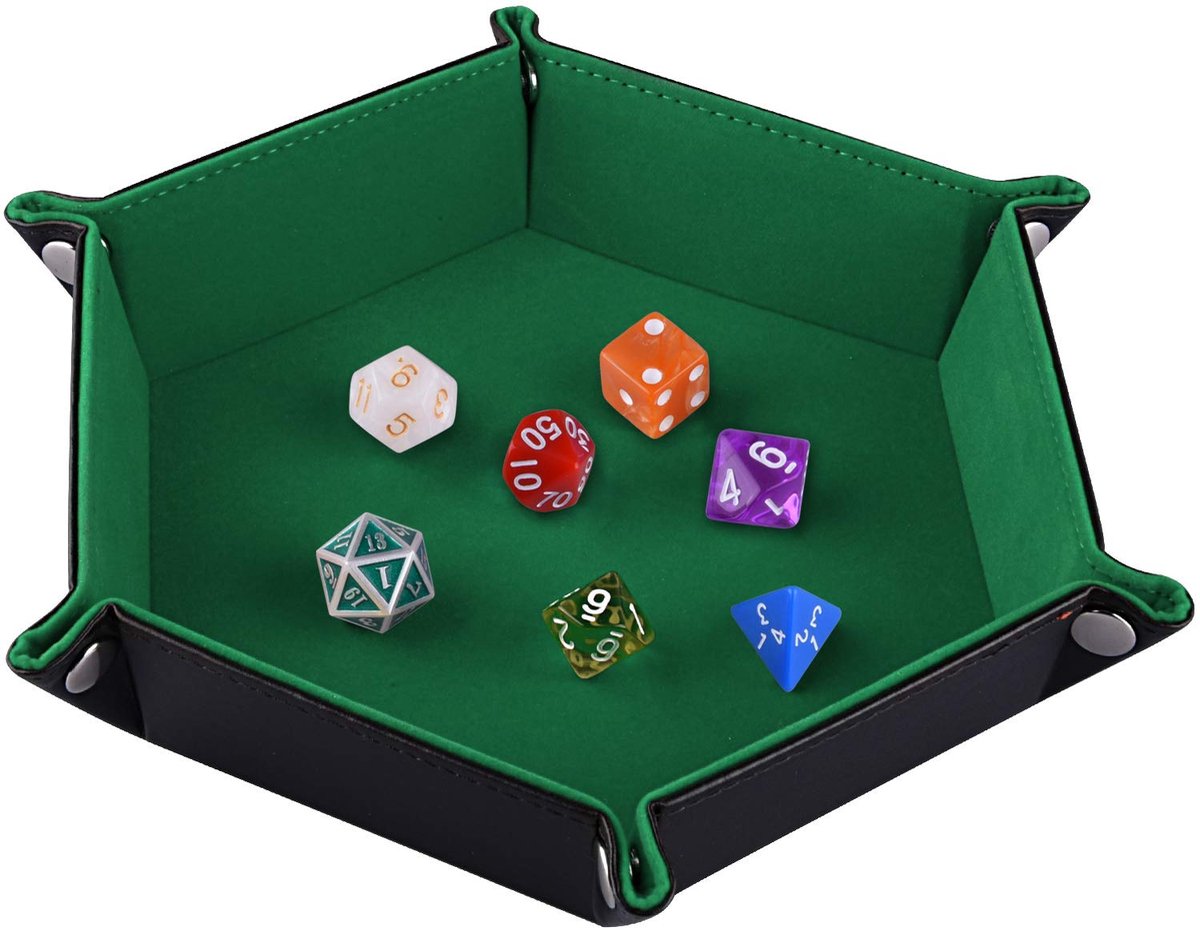 SnelShoppen - Dubbelzijdige kubusschaal, opvouwbaar hexagon PU-leer, donkergroene dobbelplaat voor kerkers en draken RPG-dobbelspel D&D, tafelspellen,