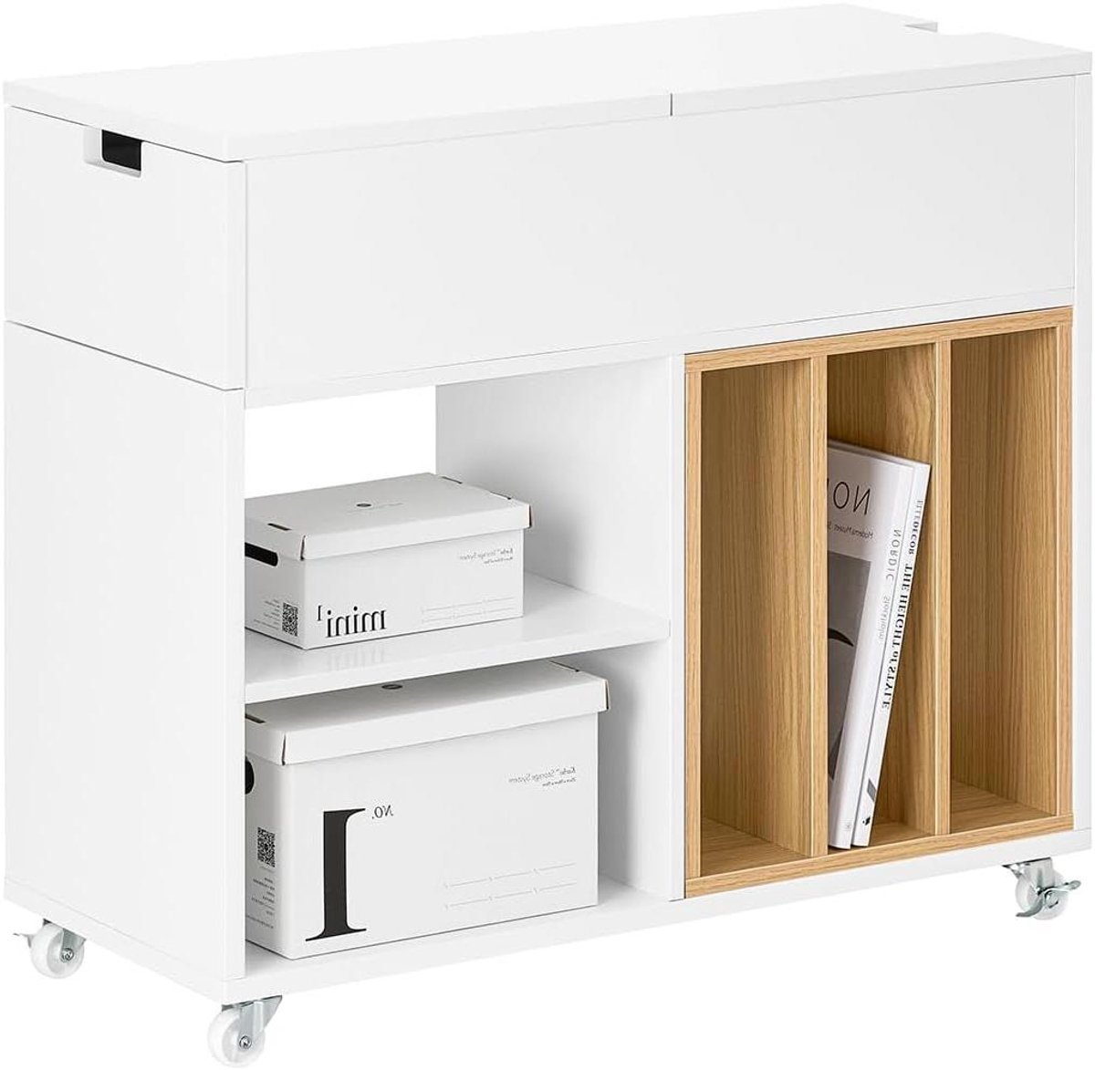 Archiefkastje met bureau - Mobiele opberger - Thuiswerk organiseren - Inklapbaar werkblad - 61 x 30 x 70 cm - Wit