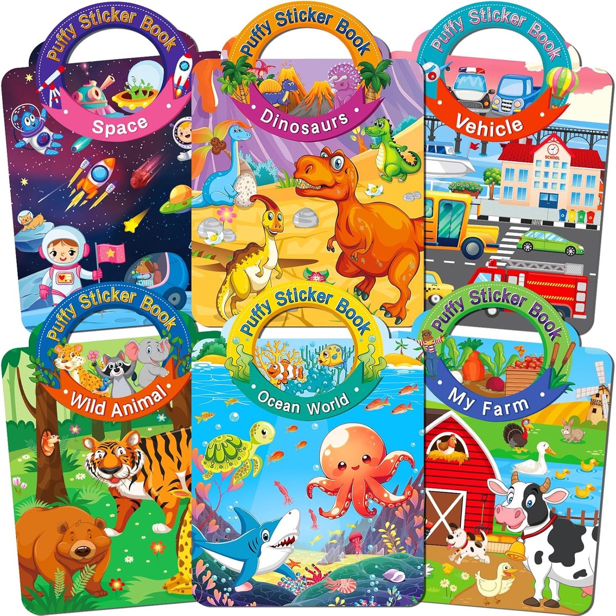 SnelShoppen - 6 Stuks Herbruikbare 3D-Stickerboeken voor Kinderen van 2-4 Jaar - Creatief Speelgoed voor Thuis, Feest en Educatie - Kleurige Stickers