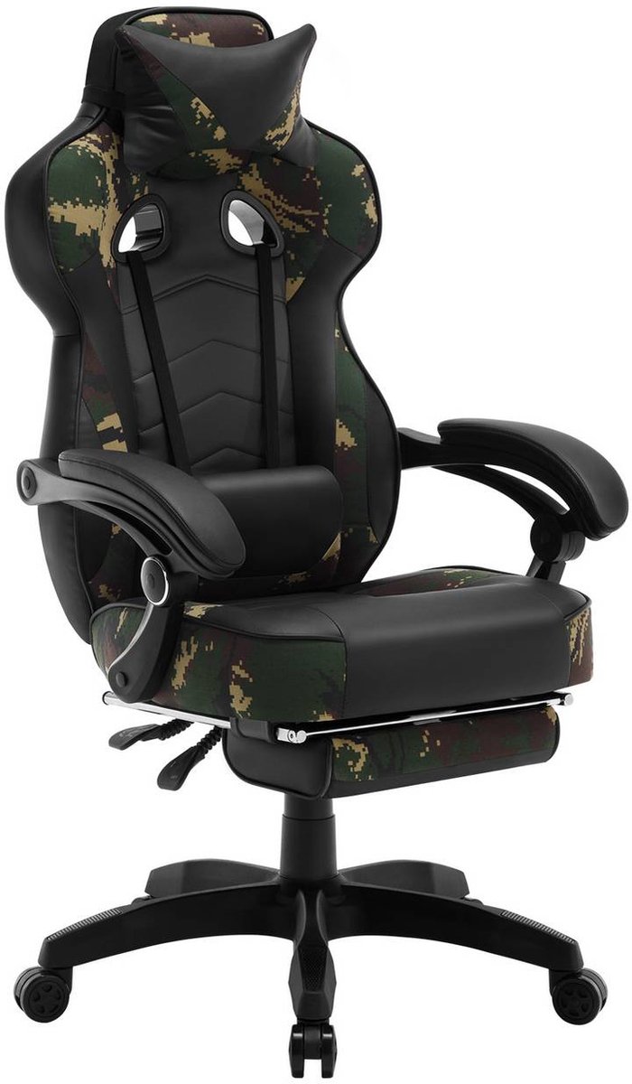 SureDeal® - Gamestoel - Hoofdsteun - Lendenkussen - Voetsteun kunstleer legercamouflage - Zwart